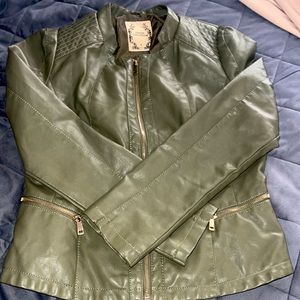 Olive Green Faux Leather Moto Jacket